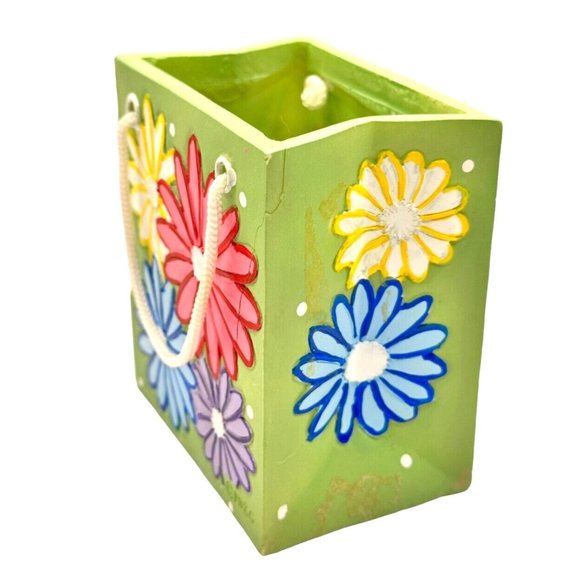 Ceramic Gift Bag Planter Vase Pen Cup Green Multicolor 1980s Floral Pattern 4" - Picture 2 of 9